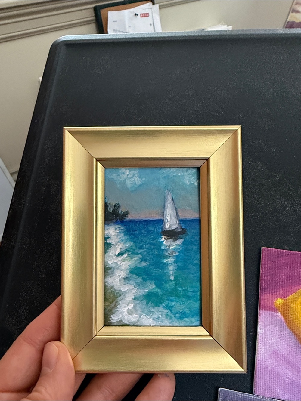 Father’s Day Gift, Mini Sailboat Seascape Painting in Gold Frame